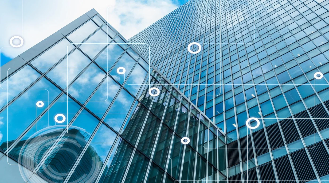 Edificio con representación de conexiones para automatización