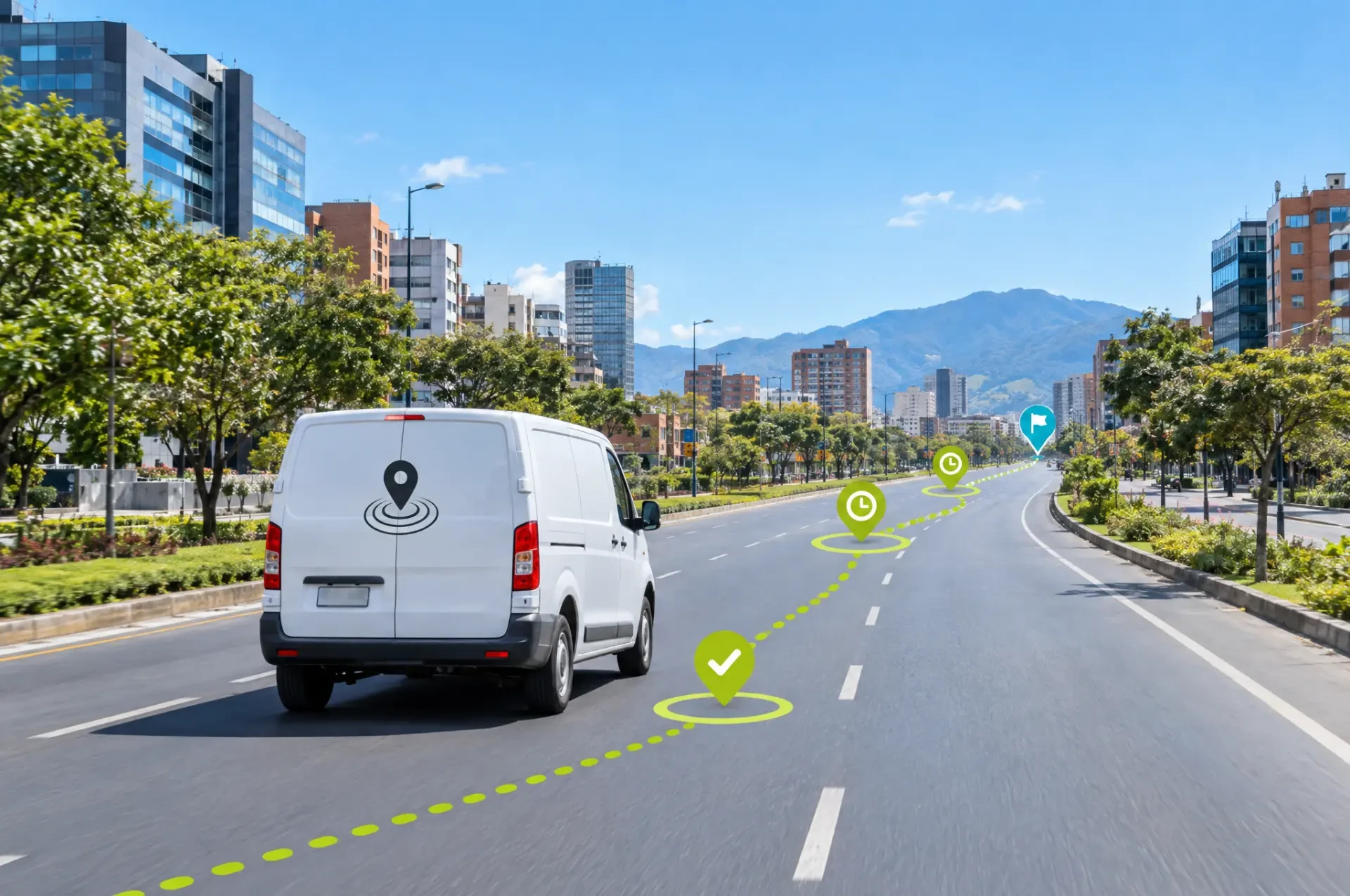 Furgoneta de reparto siguiendo una ruta con puntos de control virtuales y horarios definidos